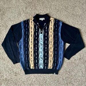 Stacy Adams Mens 1/4 Zip Sweater XL Navy Blue Multi Color Stripe Knit